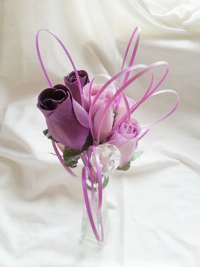 Purple & Pink Wooden Roses in Glass Vase with Decorative Crystal