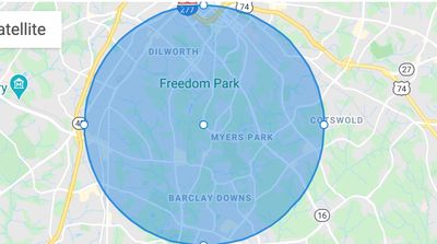 Map of South Charlotte service area centered on Freedom Park