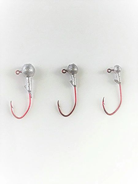 2 RED SICKLE UNPAINTED JIG HEADS 1/32, 1/16 AND 1/8 OZ