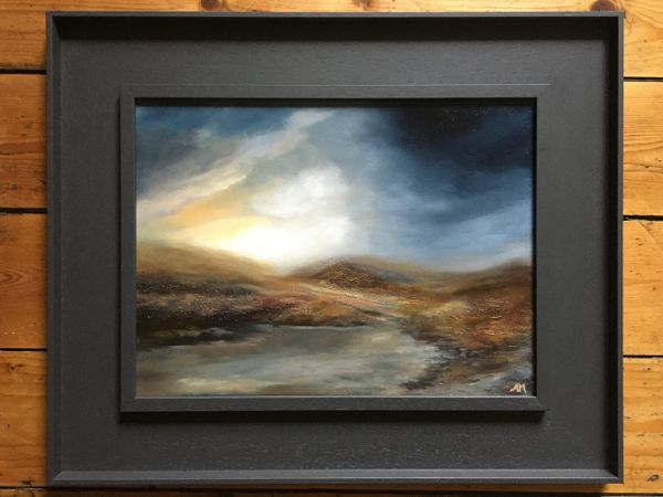 Landscape oil painting of Moors, Lake and dramatic skyby Artist Andrea Mosey