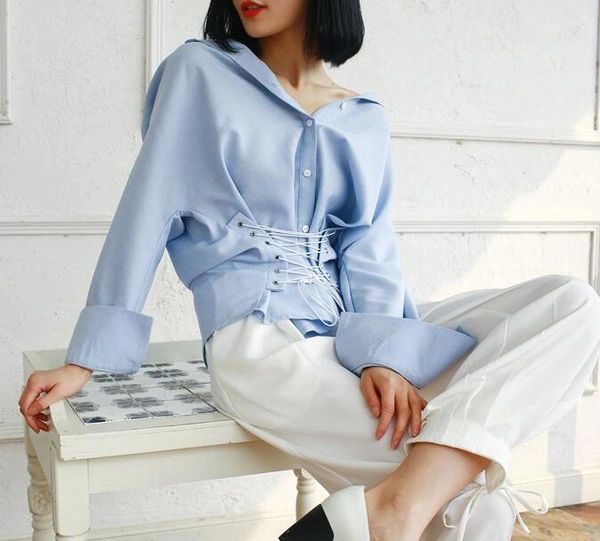 New Design Bandage Long Sleeve Blue Woman Shirt