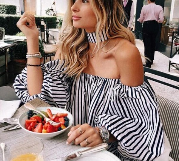 New Stripe Bost Neck Flare Sleeve Blouse With Collar Halter