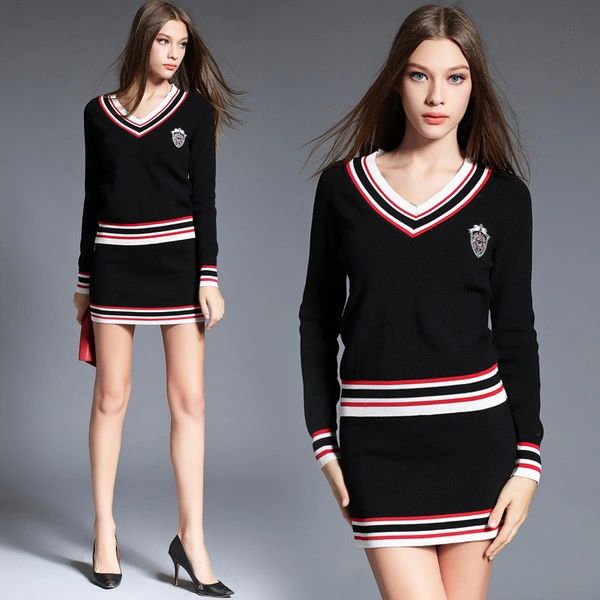 Euro Style V Neck Knitting Tops With Short Wrap Skirt