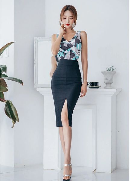 Lady Clothing Printing V Neck Tank With Wrap Midi SkirtS