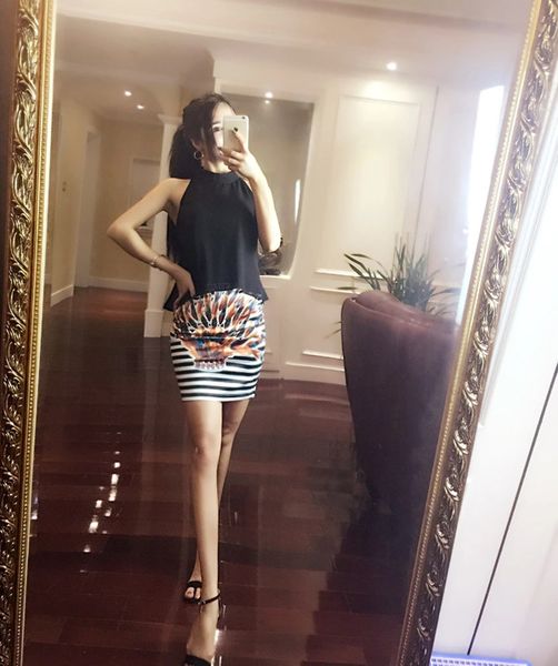Sexy Match Backless Halter Top With Striped Printed Skirt