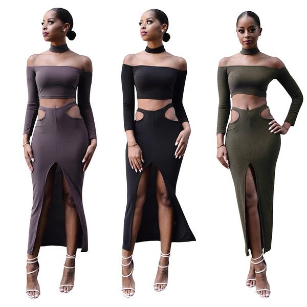 Sexy Boat Neck Cropped Tops With Split Hollow Out Wrap Skirt