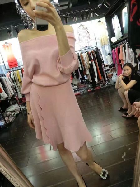 Fall Newest Boat Neck Top With Wrap Slit Skirt Knitting Suit