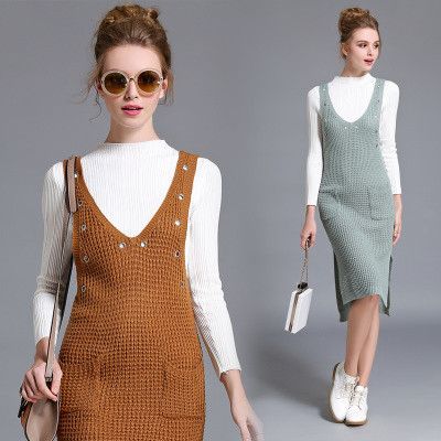 Fall Arrival Stand Collar Knitted Tops With Overalls Dress