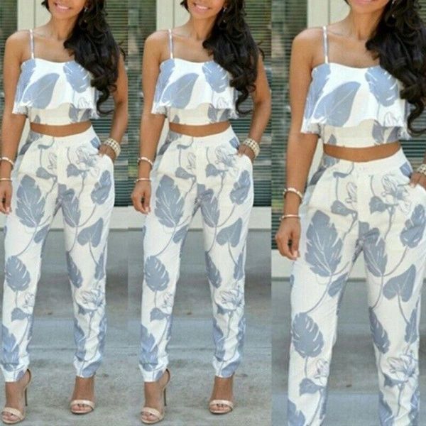 Euro Style Print Cropped Top With Long Pants