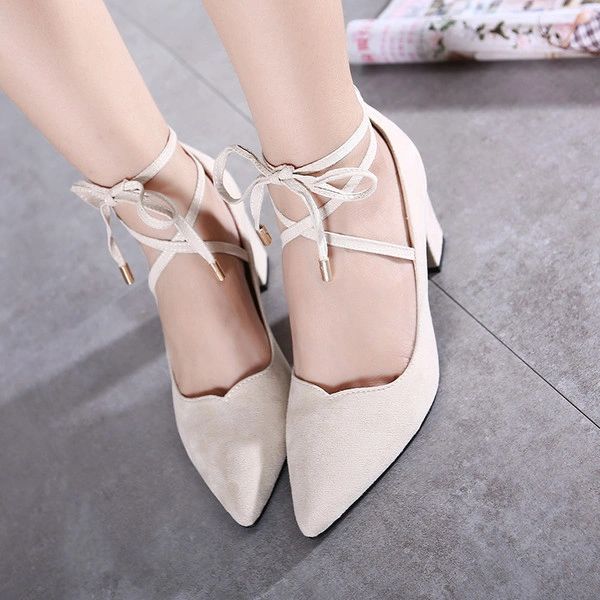 Simple Style Cross Bandage Chunky Suede Fashion Pump