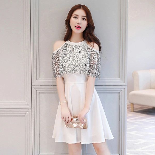 Cold Shoulder Lace Panel Cap Sleeve Dress