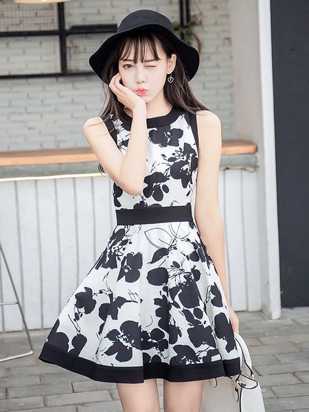 A Line Print Floral O Neck Short Dresses
