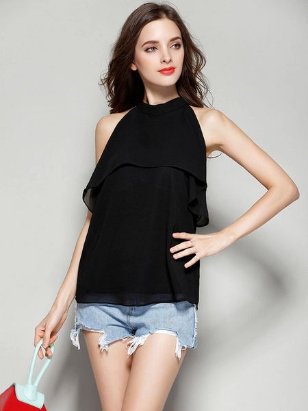 Euro Stand Collar Chiffon Ruffles Blouses