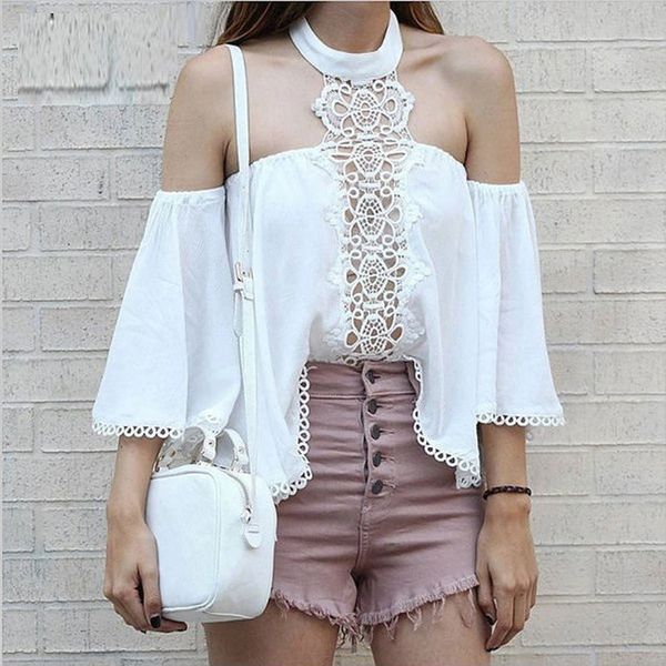 Bare Shoulder Laciness Halter Blouse Design