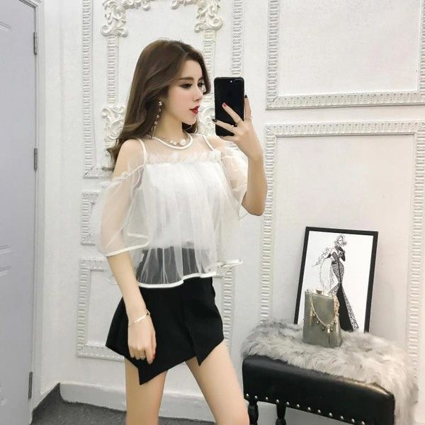 Sexy Boat Neck Gauze Patchwork Blouse