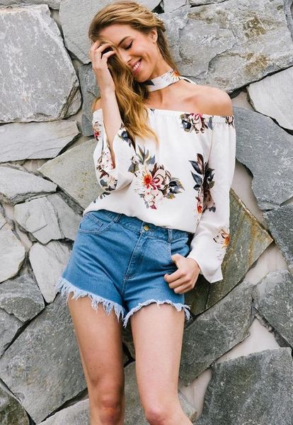 Chic Boat Neck Print Blouse With Belt