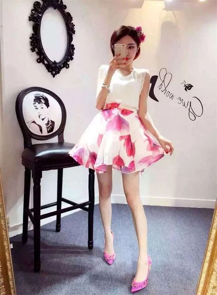 The Latest Design OL Style Printed Hollow Out Sleeveless Cute Women Suit