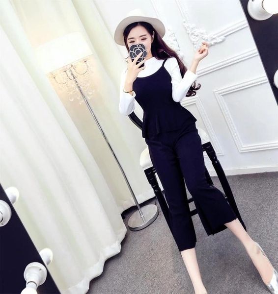 Korean Two Pieces Sets Long Sleeve Top With Black Jumpsuit