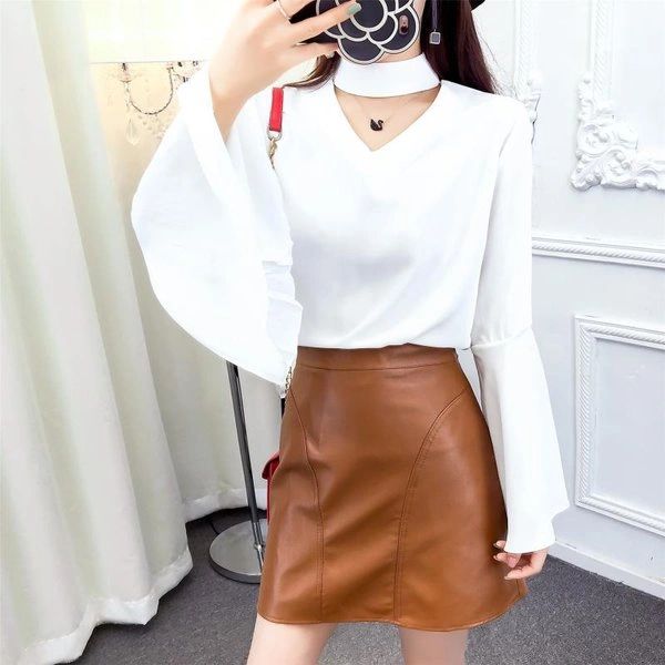 Chic Woman Sets Flare Sleeve Top With A Line Skirt