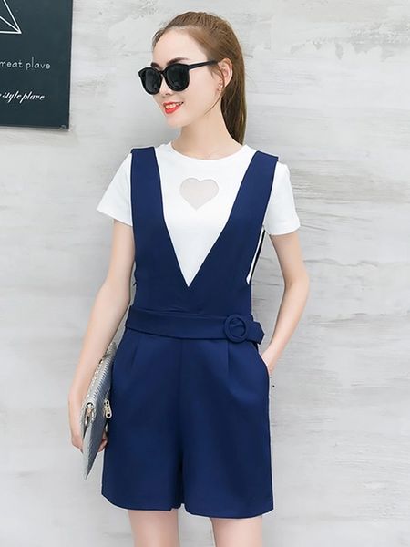 Two Pieces Suits White T Shirt With Suspender Pants