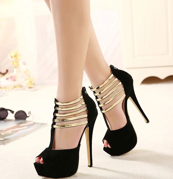 Trendy Design Black Suede Peep-toe Metal Decorated Hollow Out Back Zipper Womens Pump