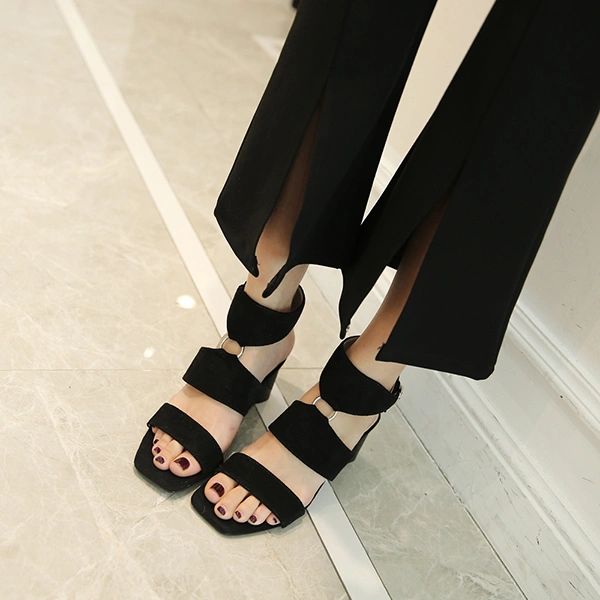 Open Toe Metal Ring Chunky Heeled Sandals