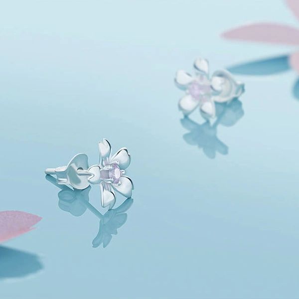 Cherry Blossom Flowers Pure Silver Romantic Earrings