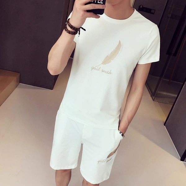 Print Feather Crew Neck T-Shirt Pants Men Activeweat