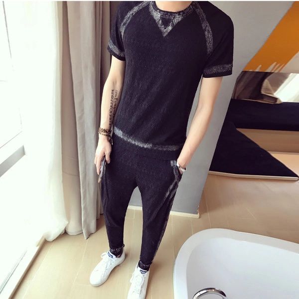 Black Print T-Shirt Long Pants Sport Suit