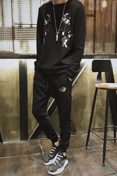 Black Floral Embroidered Men Activewear