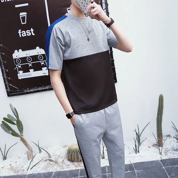 Cheap Color Block Short Sleeve Men Sport Suit