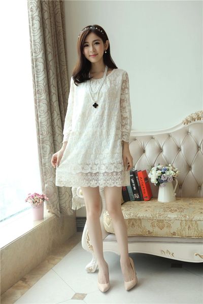 Spring Brand White Long Sleeve O Neck Lace Split Hollow Out Lining Korean Dress