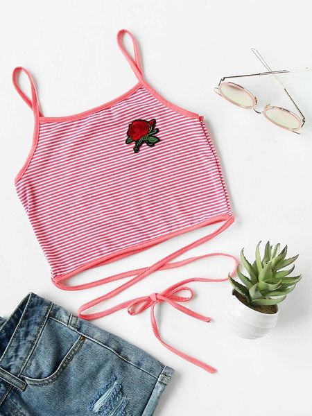 New Striped Embroidery Rose Tank Top