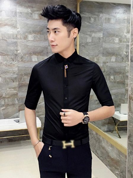 Brief Style Turndown Collar Half Sleeve Black Shirt