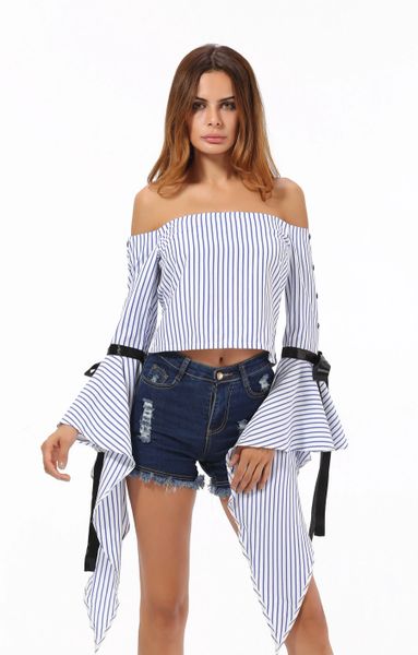 Stripe Bow Flare Sleeve Off Shoulder Blouse