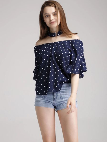 Dots Print Chiffon Boat Neck Blouse