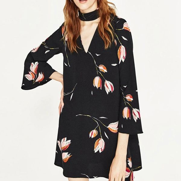 Floral Prints V Neck Flare Sleeve Choker Dress(3-4 Days Delivery)