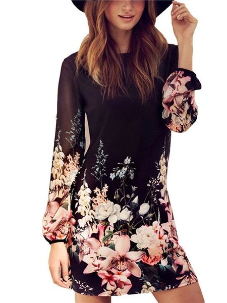 Chiffon Hollow Out Floral Printing Wrap Dresses