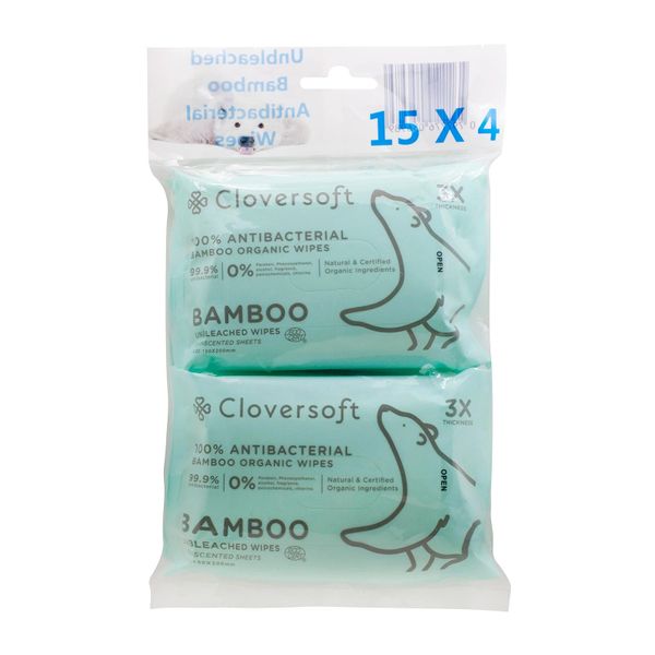 Cloversoft Anti-Bacterial Bamboo Wipes With Certified Organic Aloe Vera 4 x 15 per pack