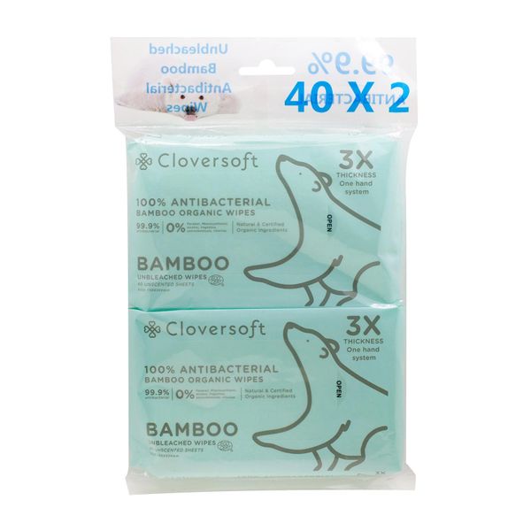 Cloversoft Anti-Bacterial Bamboo Wipes With Certified Organic Aloe Vera 2 x 40 per pack