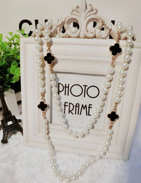 Trendy Four Leaf Clover Pearls Decor Women Sweater Hanging Necklace