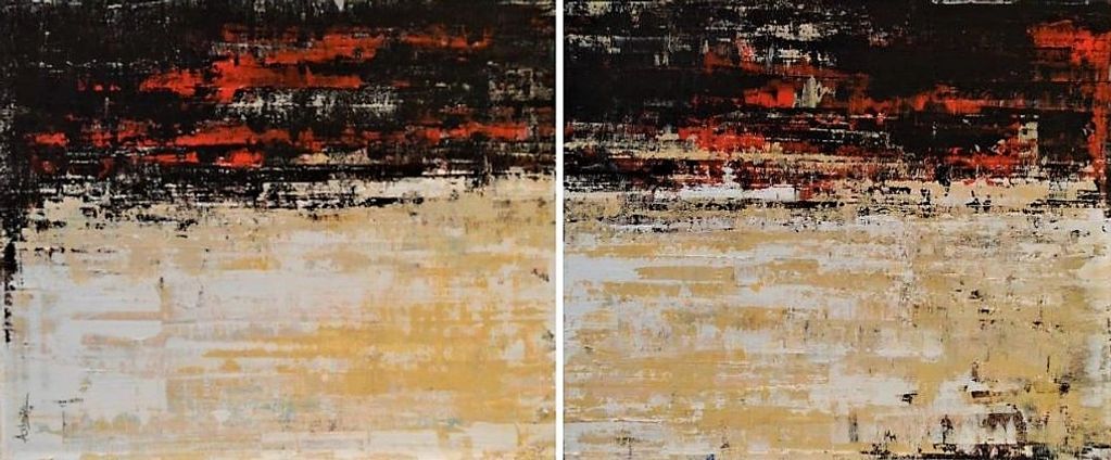 Commissioned diptych horizontal large painting in reds, black and beige shades