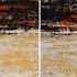 Contemporary abstract horizontal diptych painting of a city scape in beige's, browns, blacks & reds.