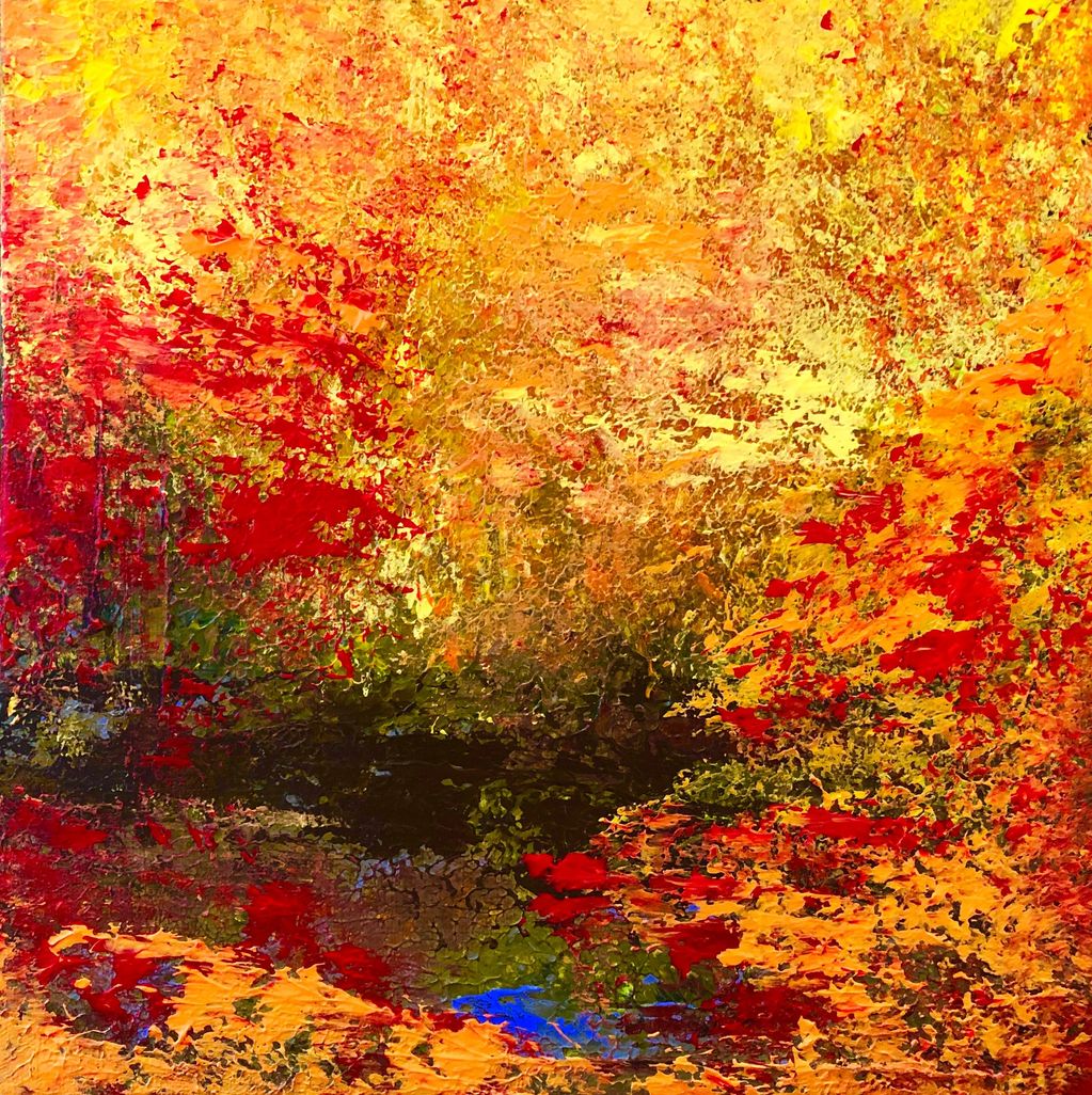 Miniature small contemporary abstract painting of northwest nature in bright yellows, reds and black