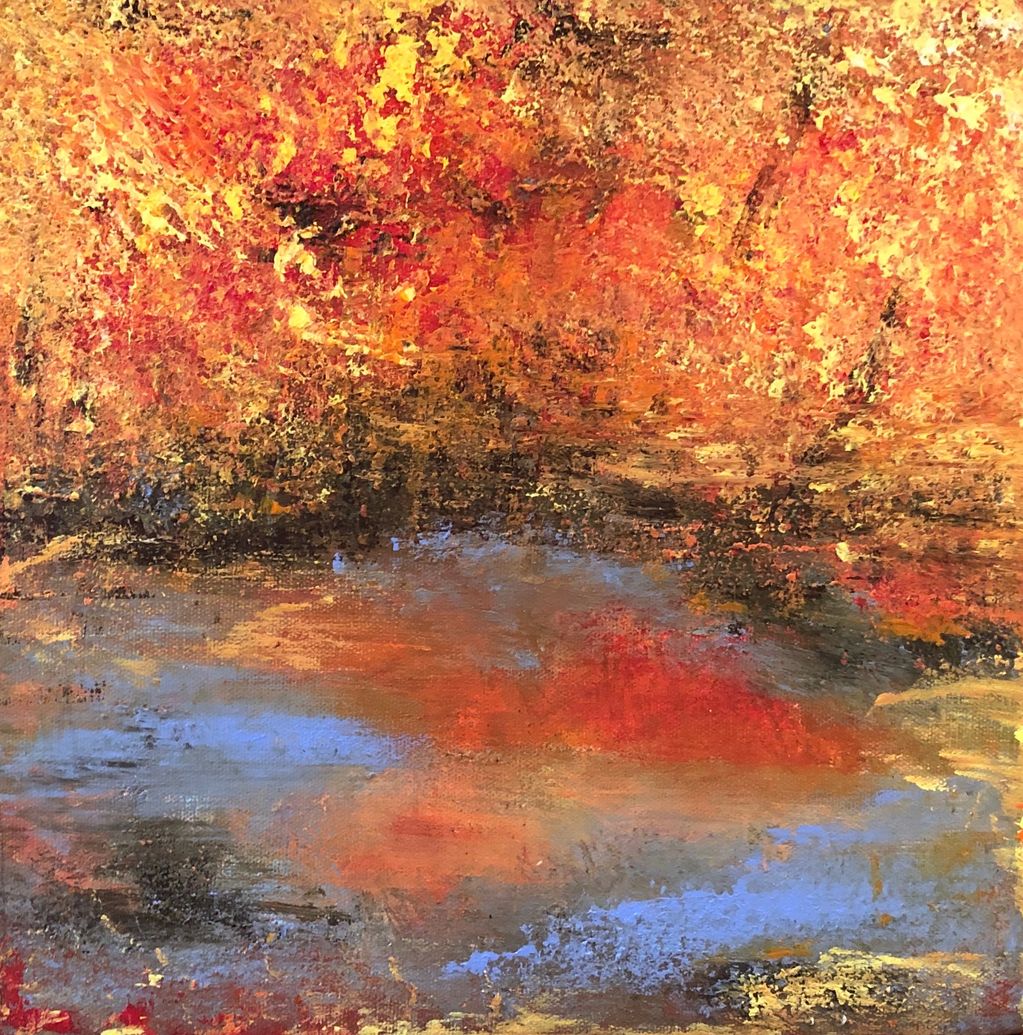 Miniature small contemporary abstract square painting of northwest nature in yellow red black blue