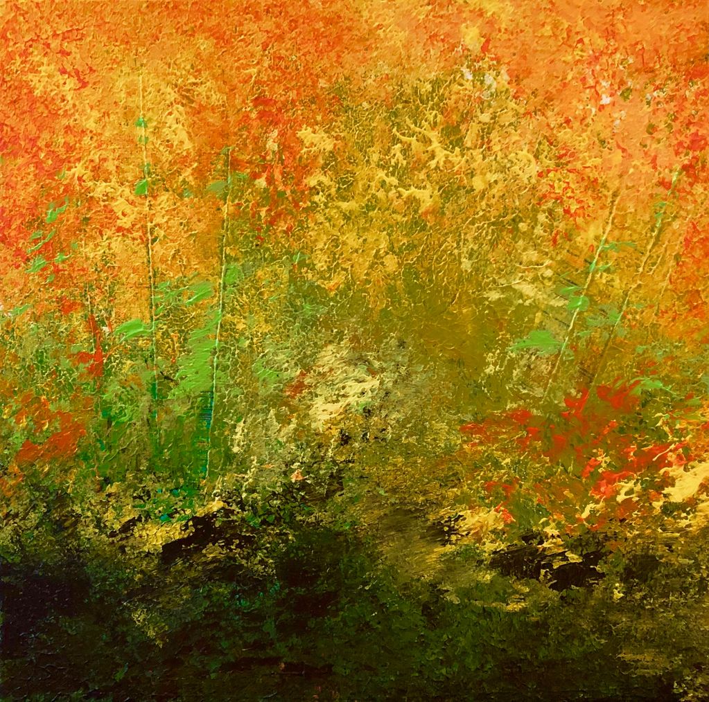 Miniature small contemporary abstract painting of northwest nature in bright yellows, orange & black