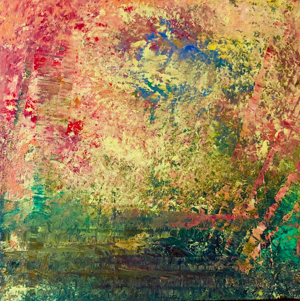 Miniature small contemporary abstract painting of northwest nature in shades of yellows reds greens.