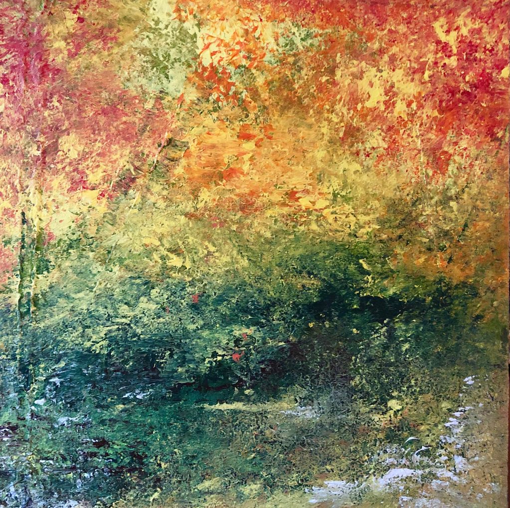 Miniature small square contemporary abstract painting of northwest nature in yellow, red and green
