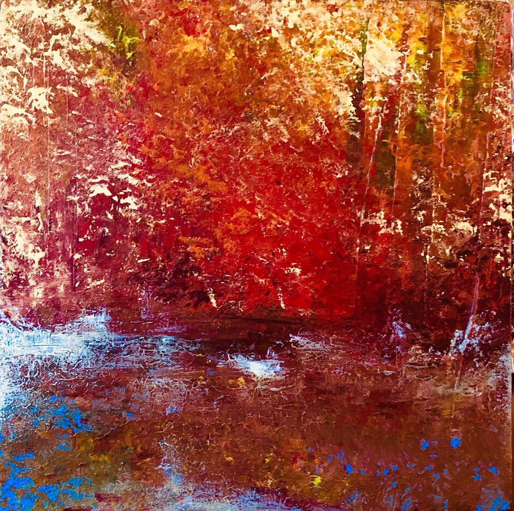 Miniature small contemporary abstract painting of northwest in bright & deep reds pale yellow & blue