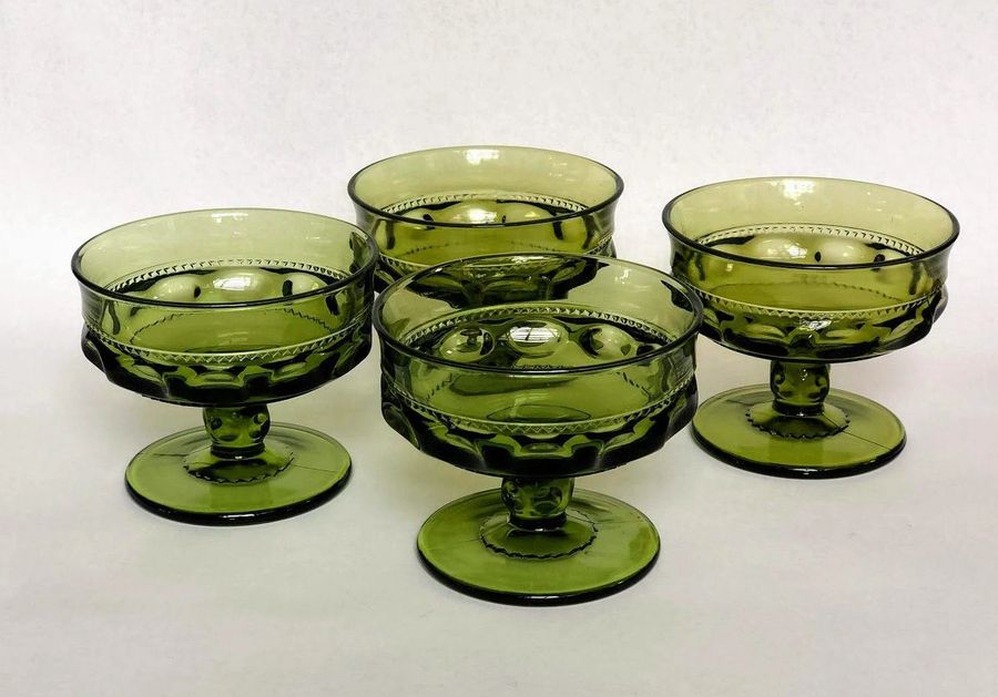 Kings Crown Thumbprint Set of 4 Vintage Indiana Green Glass Sherbet